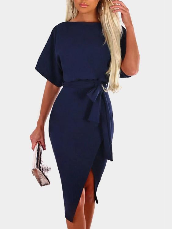 Navy Round Neck Short Sleeve Belt Slit Hem Midi Dress