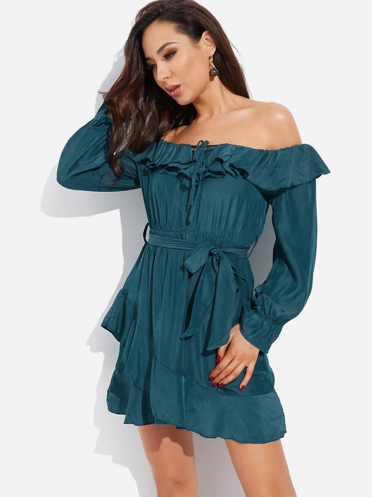 Green Off The Shoulder Long Sleeve Plain Self-Tie Flounced Hem Dresses