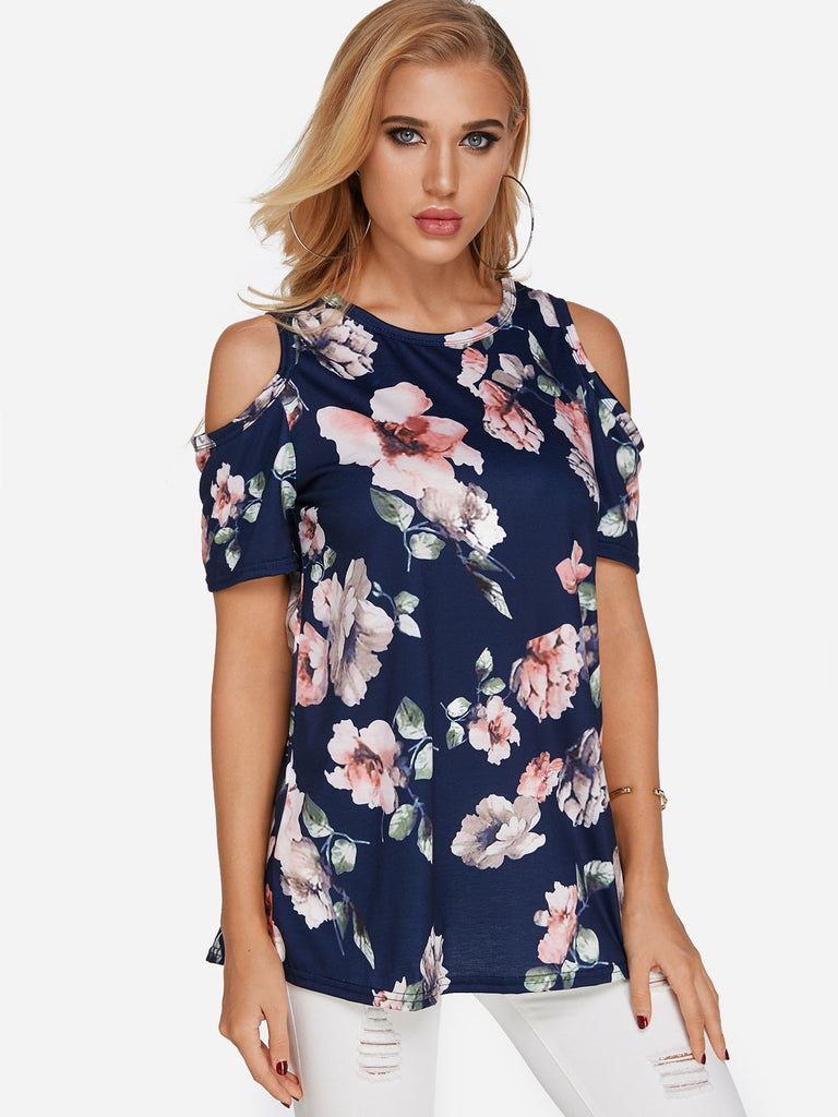 Cold Shoulder Floral Print Short Sleeve Tee