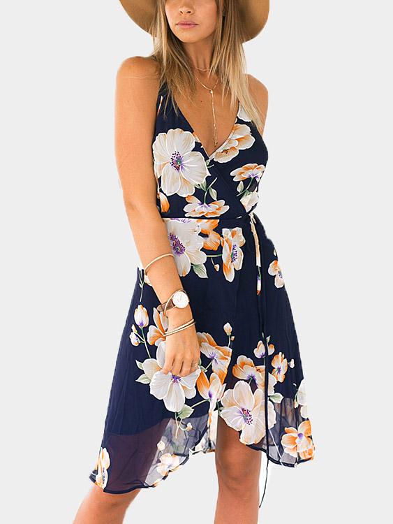 V-Neck Floral Print Backless Spaghetti Strap Dresses