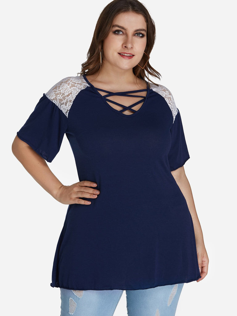 V-Neck Plain Lace Short Sleeve Dark Blue Plus Size Tops