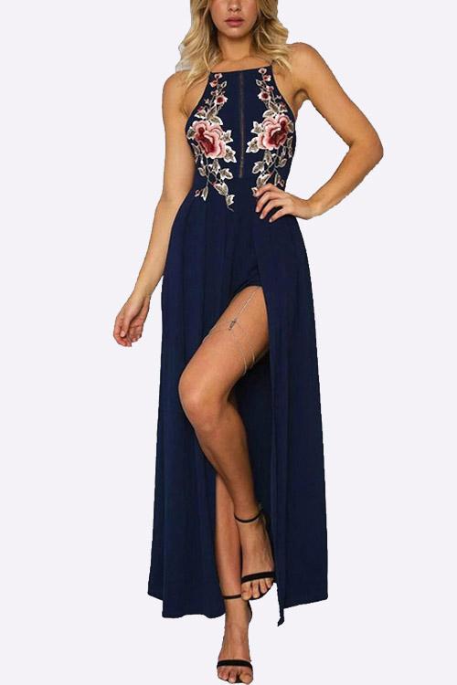 Halter Sleeveless Embroidered Zip Back Slit Hem Maxi Dresses