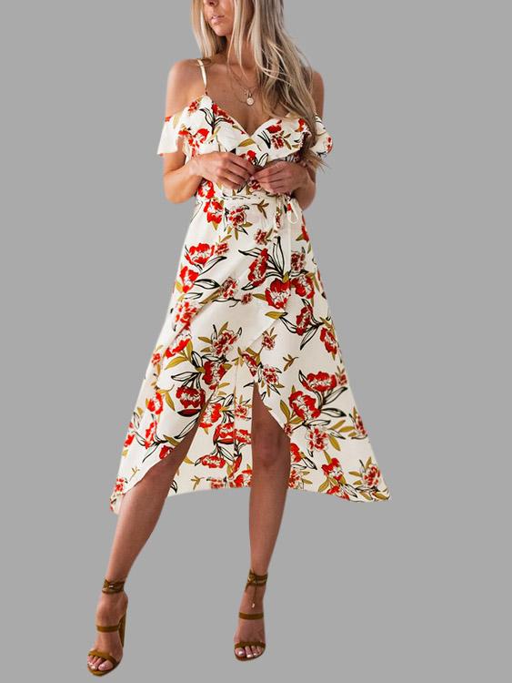 Cold Shoulder Short Sleeve Floral Print Tiered Slit Hem Dresses