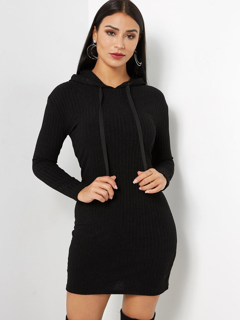 Black Long Sleeve Hooded Casual Dress