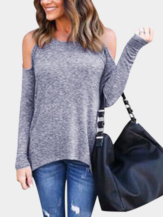 Cold Shoulder Zip Back Long Sleeve Stitching Hem Grey T-Shirts