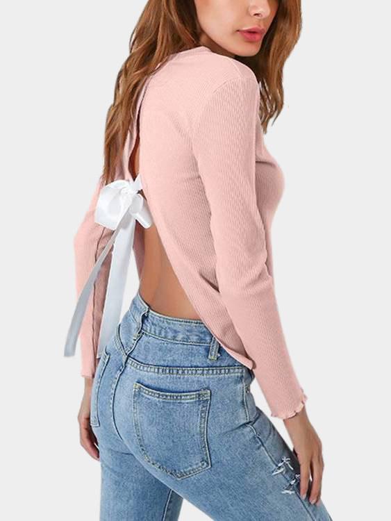 V-Neck Long Sleeve Slit Hem Pink Top