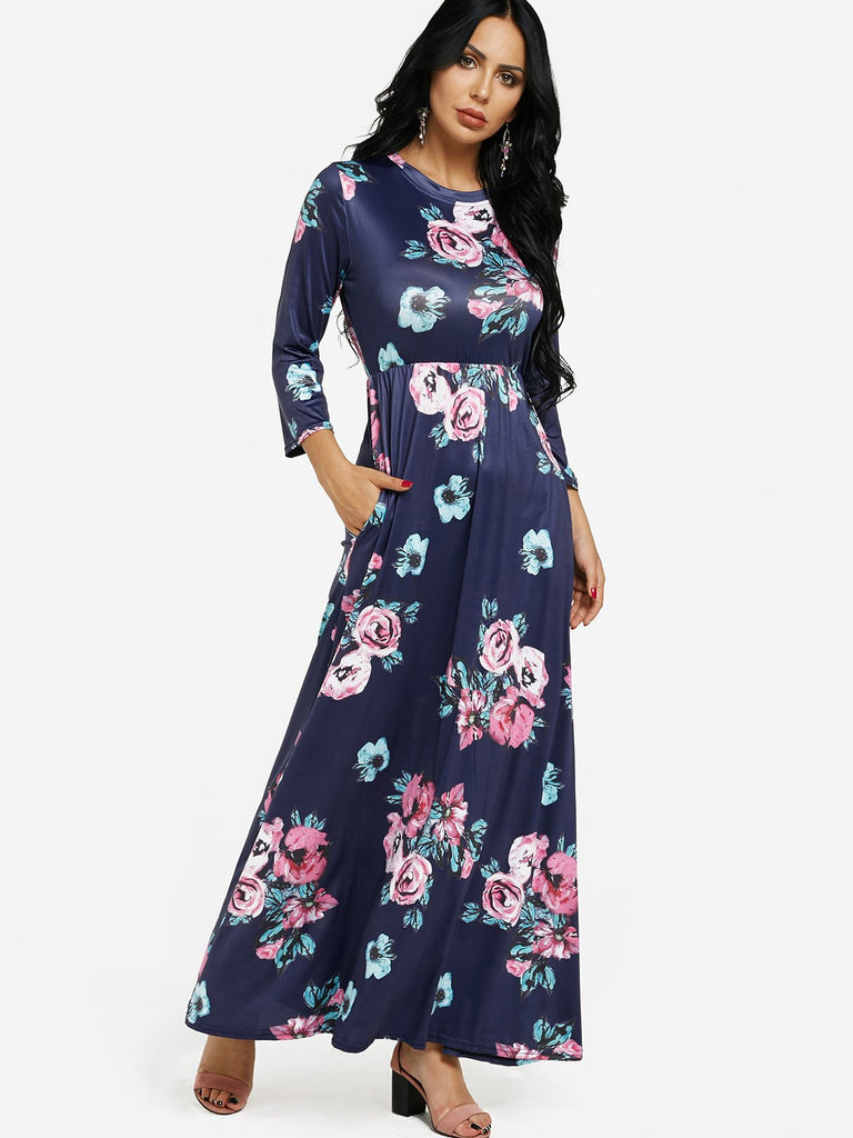 Navy Round Neck 3/4 Length Sleeve Floral Print Maxi Dress