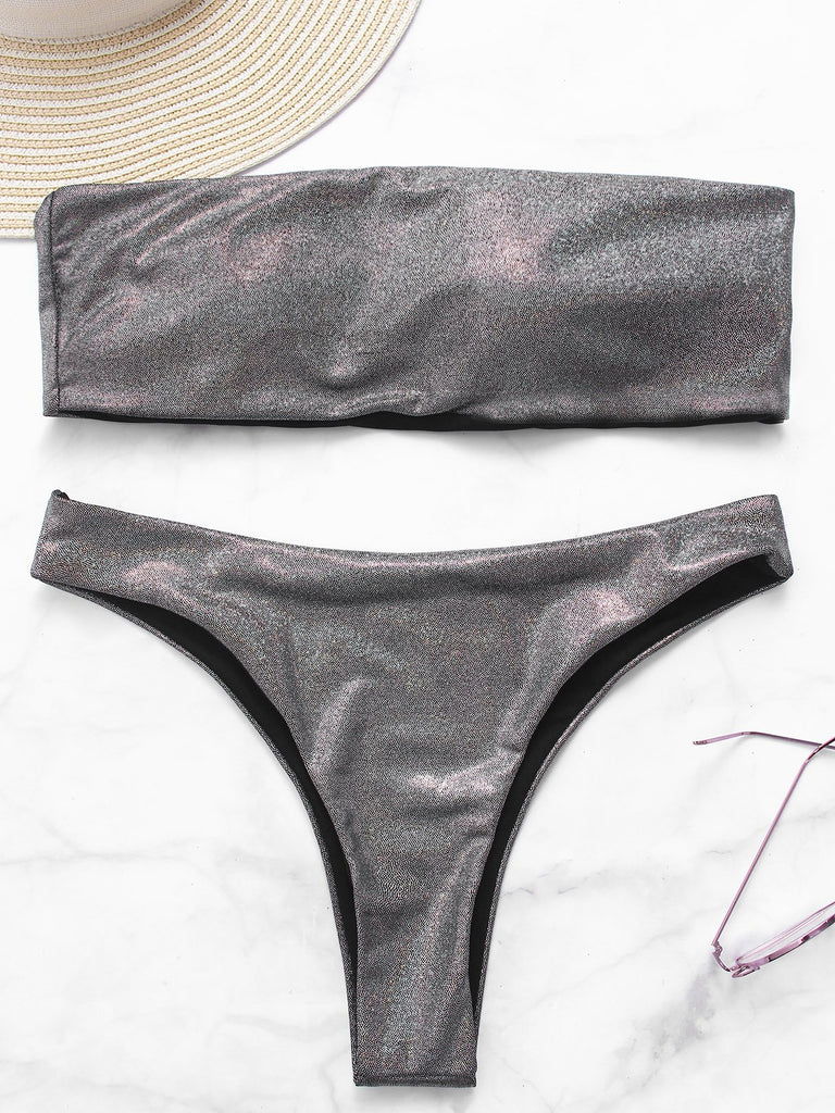 Silver Off The Shoulder Sleeveless Bikinis