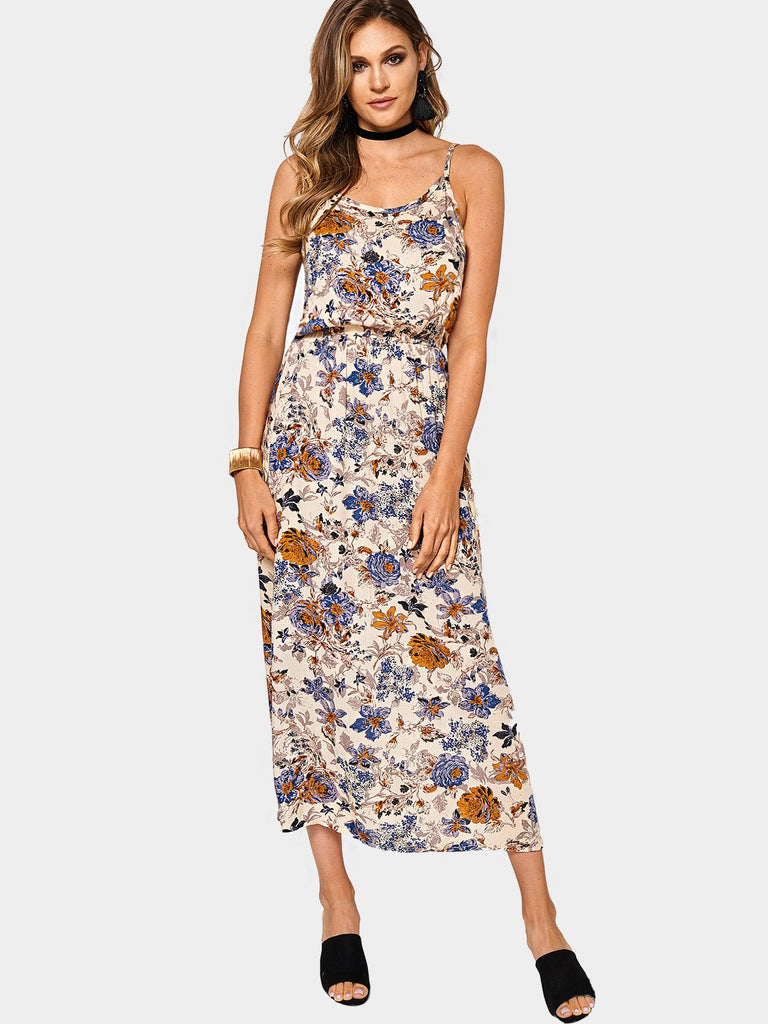 Floral Print Round Neck Sleeveless Dress