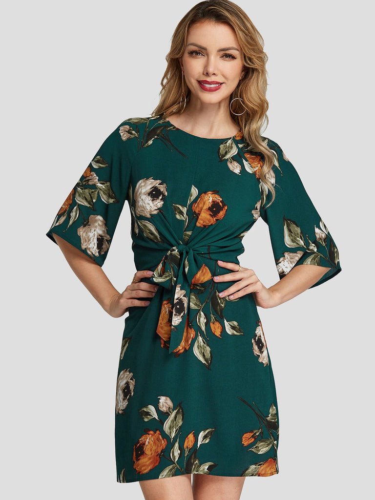 Green Round Neck Half Sleeve Floral Print Self-Tie Mini Dresses