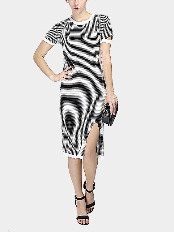 White Crew Neck Stripe Slit Hem Casual Dress