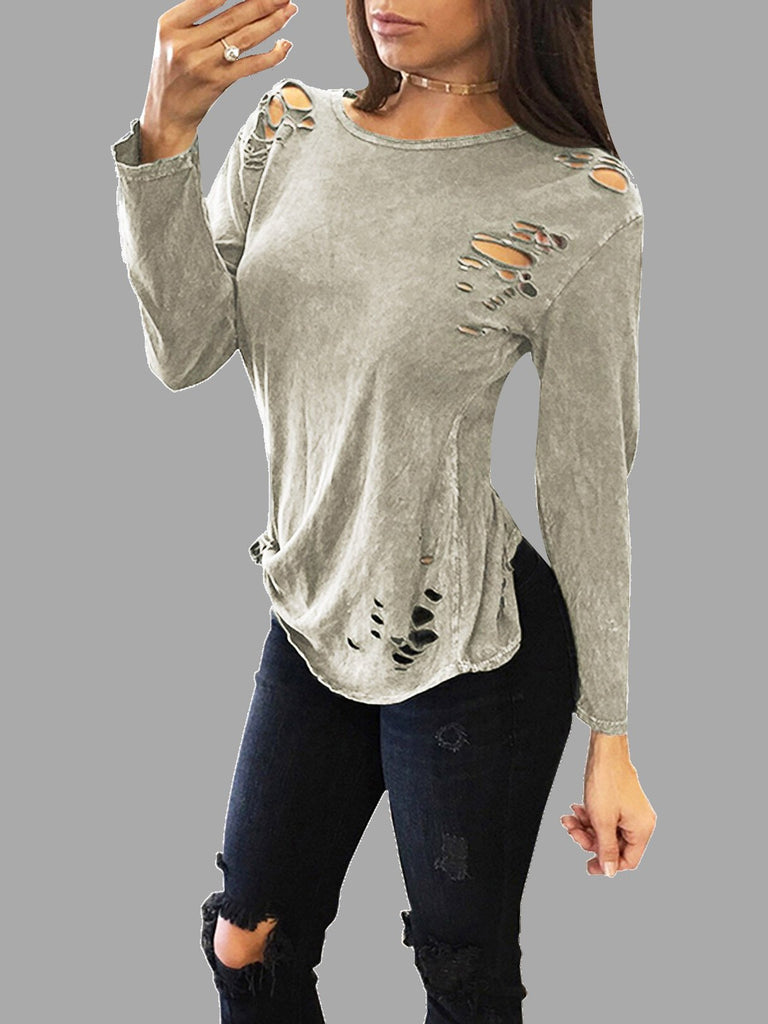 Sexy Round Neck Ripped T-Shirt With Long Sleeves