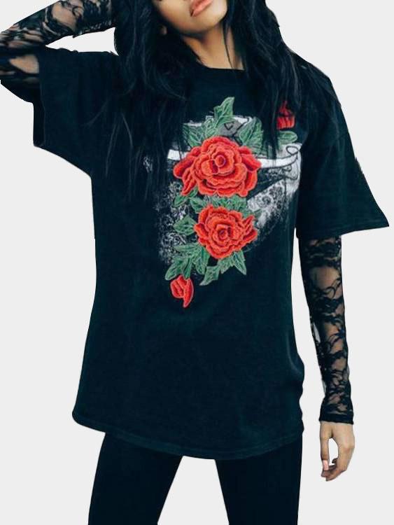 Round Neck Embroidered Half Sleeve Black T-Shirts