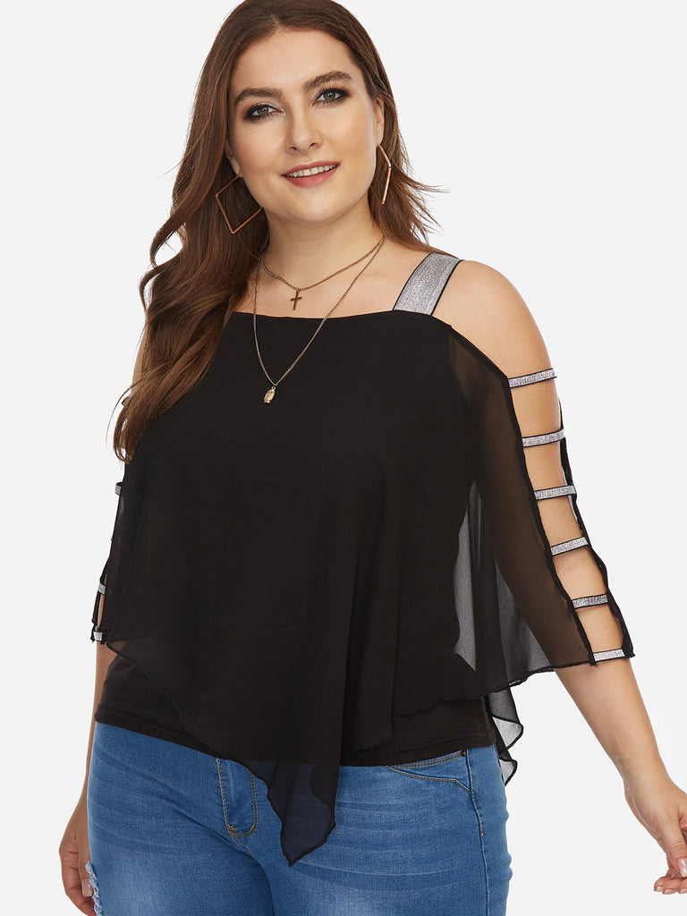 Off The Shoulder Plain Hollow Half Sleeve Black Plus Size Tops