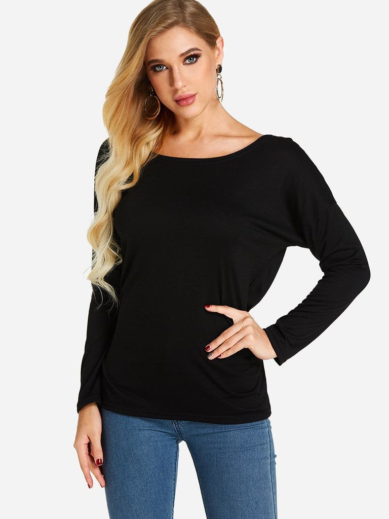 Crew Neck Plain Backless Long Sleeve T-Shirts