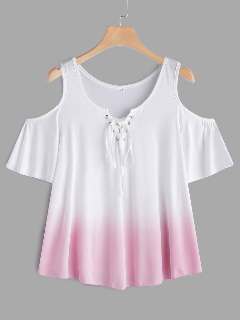Round Neck Cold Shoulder Fantasy Colour Crossed Front Hollow Lace-Up Cut Out Short Sleeve Pink T-Shirts