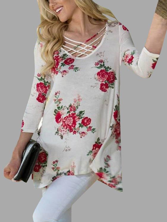 White Round Neck 3/4 Sleeve Length Floral Print Crossed Front Irregular Hem T-Shirts