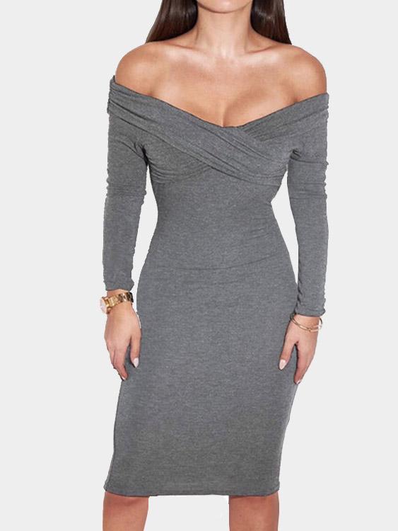 Grey V-Neck Long Sleeve Plain Bodycon Hem Dresses