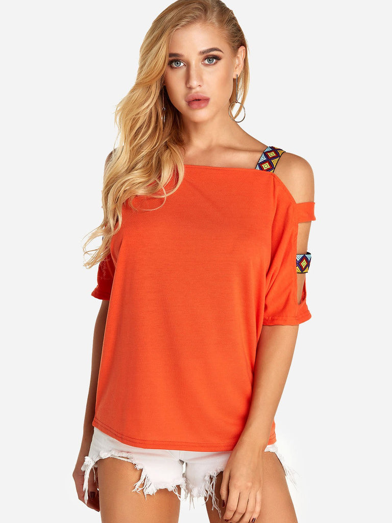 Round Neck Cold Shoulder Cut Out Half Sleeve T-Shirts