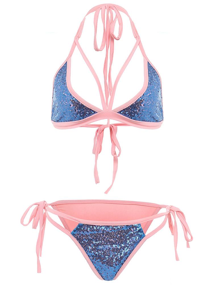 Blue Sleeveless Sequins Embellished Bikinis