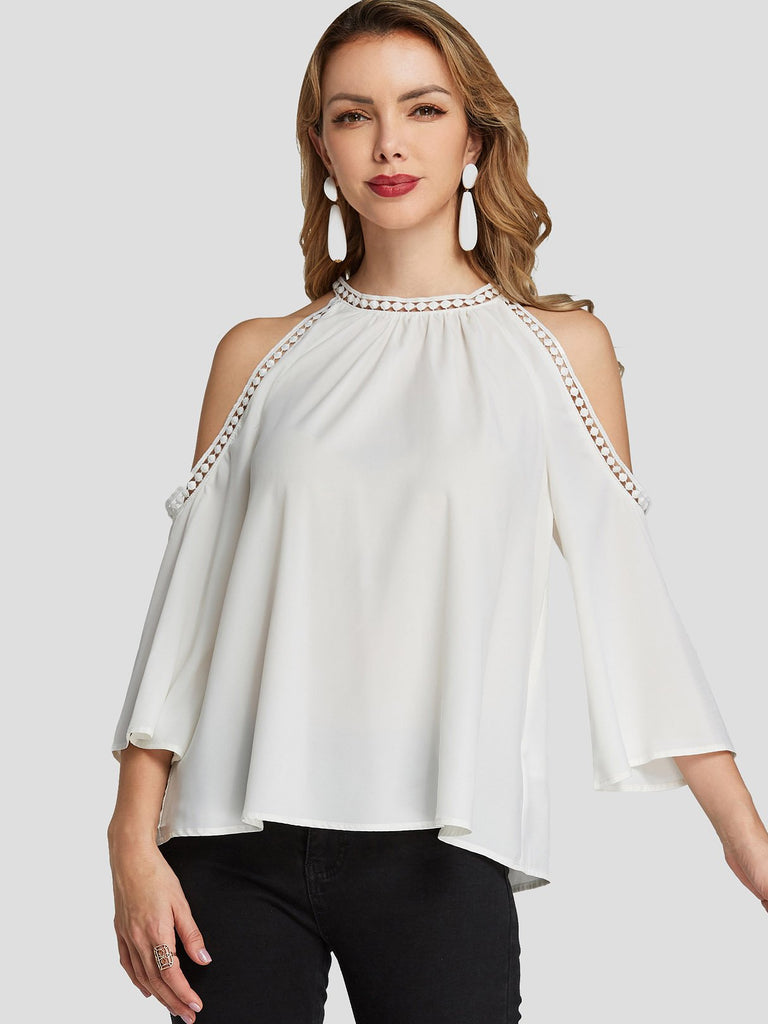 Cold Shoulder Plain Hollow 3/4 Sleeve Blouses