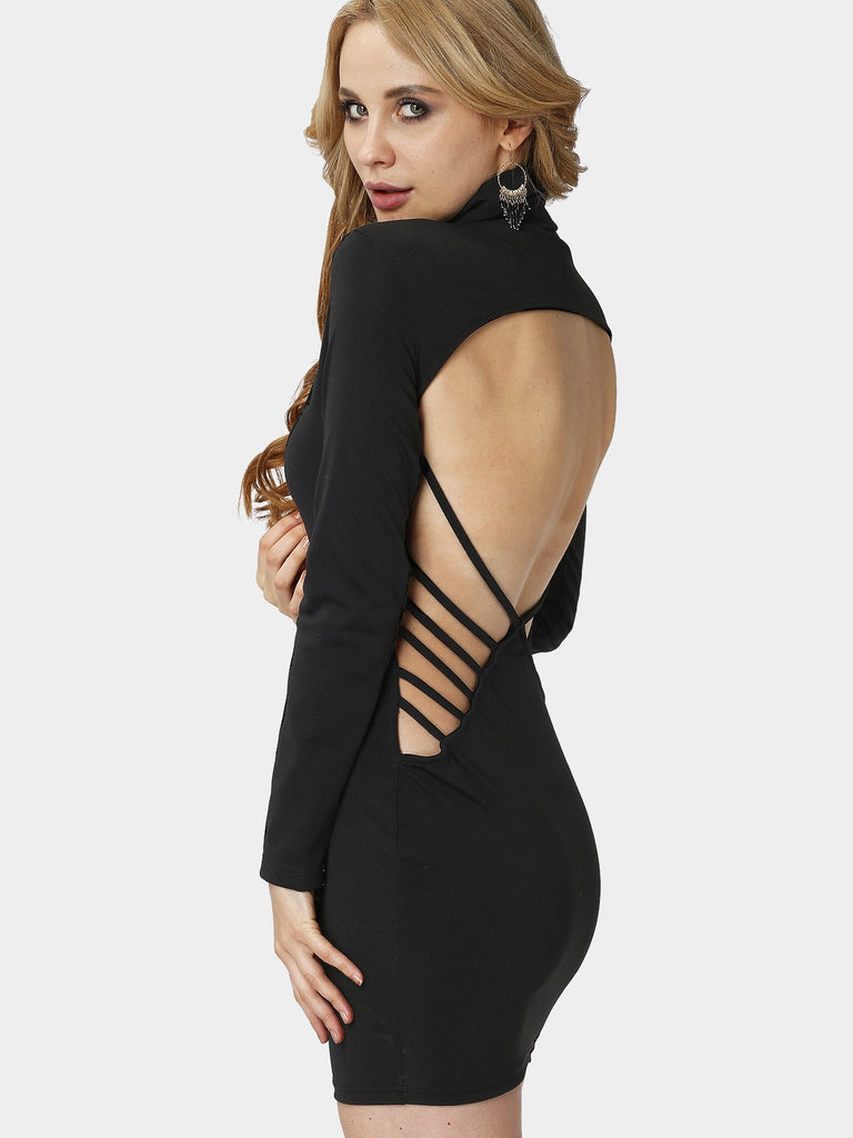 Black Perkins Collar Long Sleeve Plain Bodycon Hem Dresses