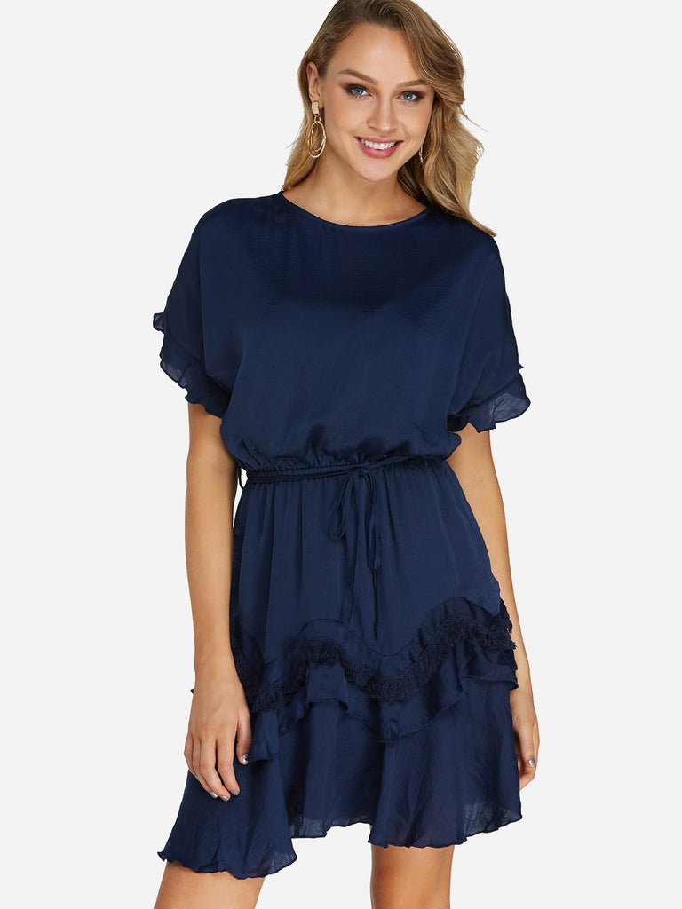 Navy Round Neck Short Sleeve Belt Flounced Hem Casual Dress