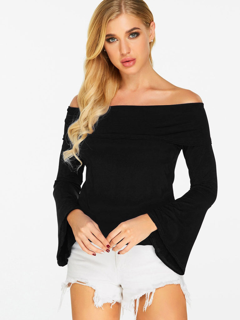 Off The Shoulder Plain Long Sleeve Black Blouses