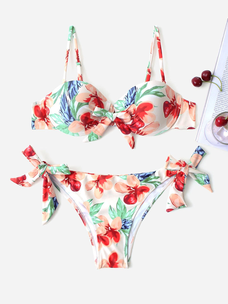 Green Sleeveless Floral Print Spaghetti Strap Two Piece Bikinis
