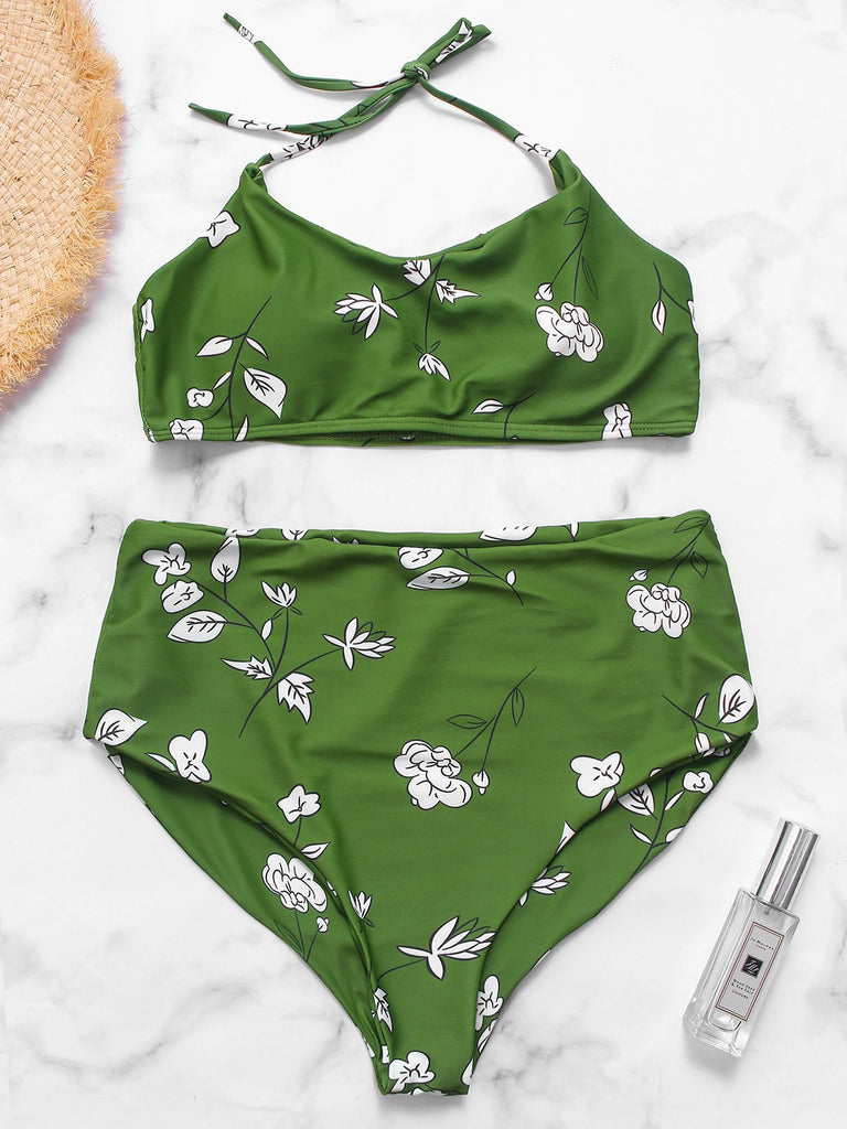 Green Halter Scoop Neck Sleeveless Floral Print Tie-Up High Waist 2 Piece Bikinis