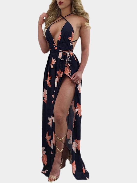 Navy V-Neck Sleeveless Floral Print Backless Slit Hem Dress