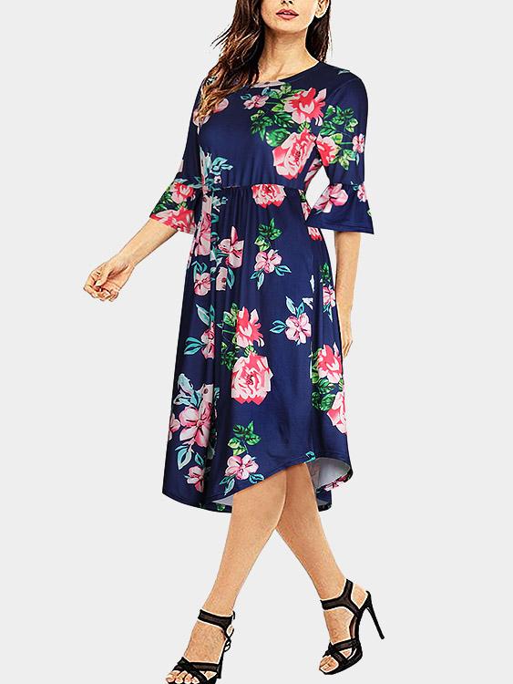 Round Neck Half Sleeve Floral Print Curved Hem Dresses