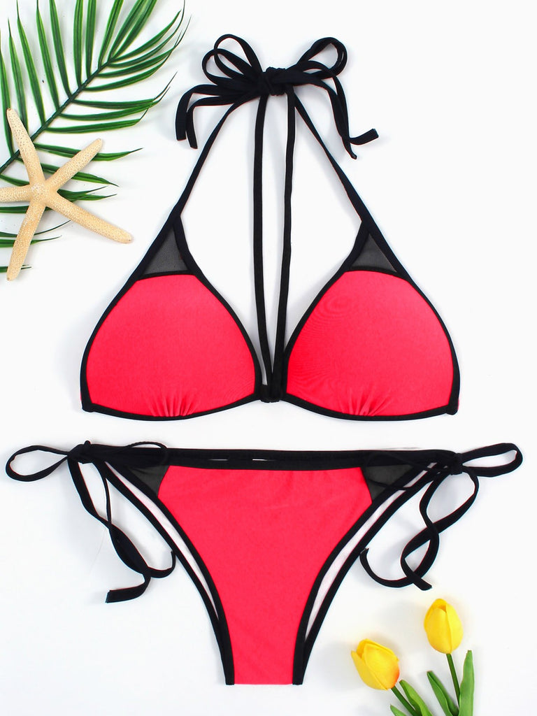 Red Halter Sleeveless Lace-Up Two Piece Bikinis