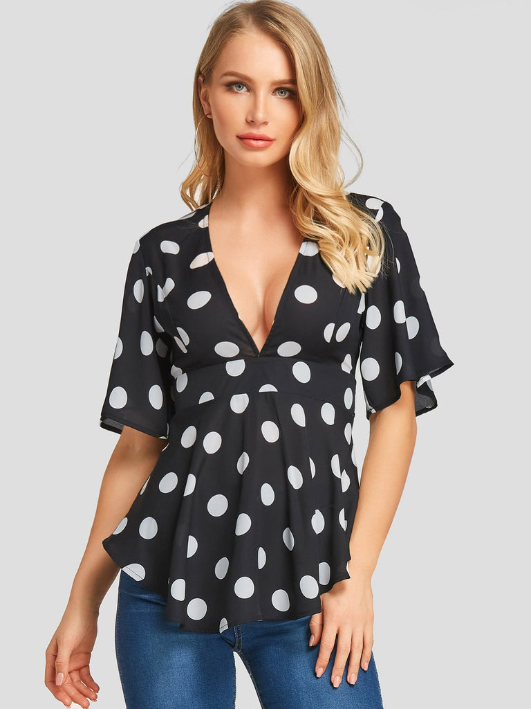 Deep V Neck Polka Dot Backless Half Sleeve Black Blouses