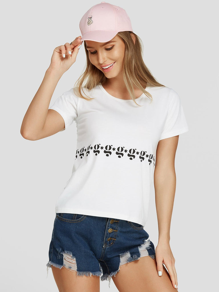 Round Neck Short Sleeve White Fashion Tee