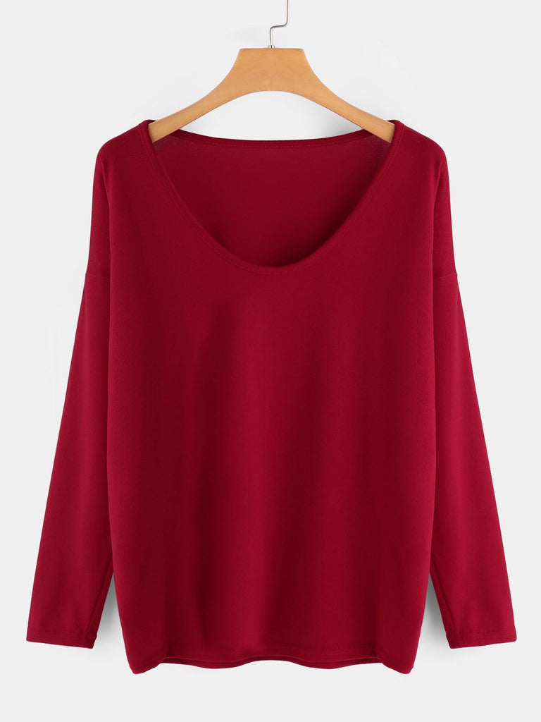 Round Neck Plain Long Sleeve Red Plus Size Tops