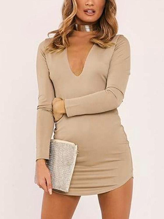 Deep V Neck Pullover Plain Long Sleeve Curved Hem Khaki Mini Dress