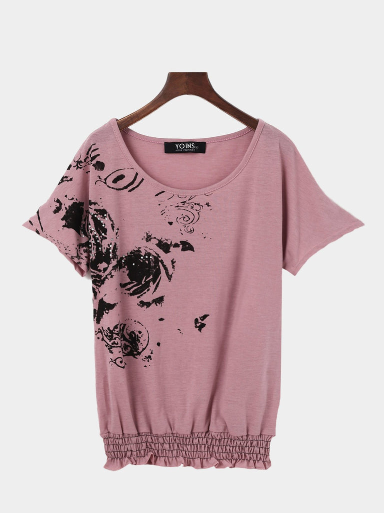 Round Neck Printed Bodycon Hem Purple T-Shirts
