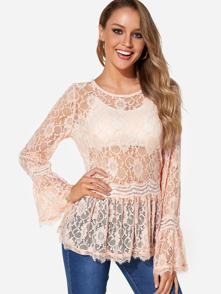 Round Neck Plain Lace Long Sleeve Fashion Tee