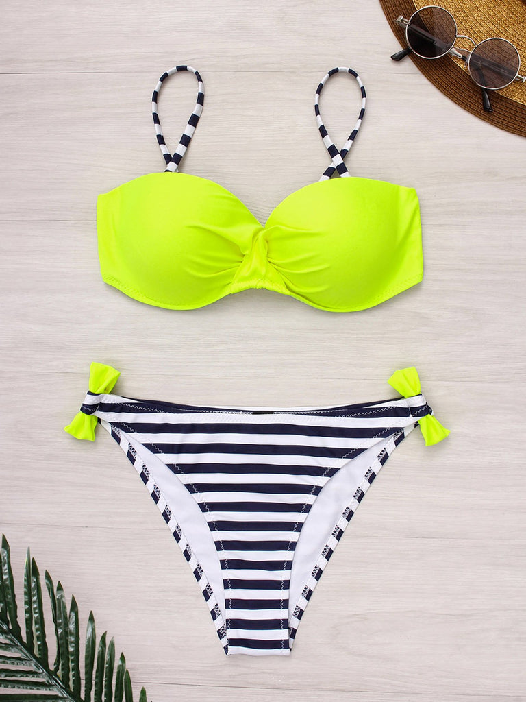 Sleeveless Stripe Backless Spaghetti Strap Bikinis
