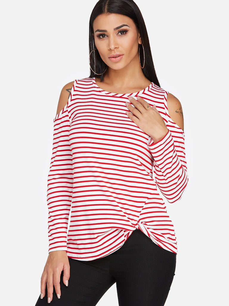 Round Neck Stripe Crossed Front Cut Out Long Sleeve Irregular Hem T-Shirts