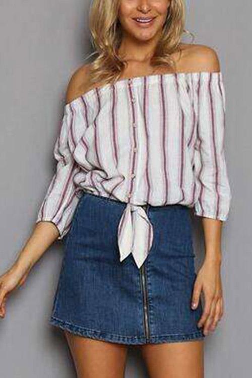 Off The Shoulder Stripe 3/4 Sleeve Blouses