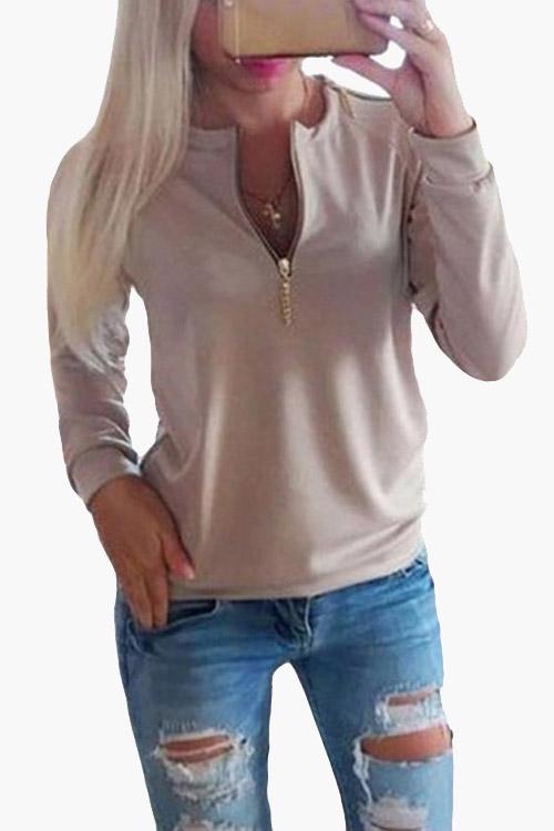 Causal Round Neck Zipper Long Sleeves T-Shirt