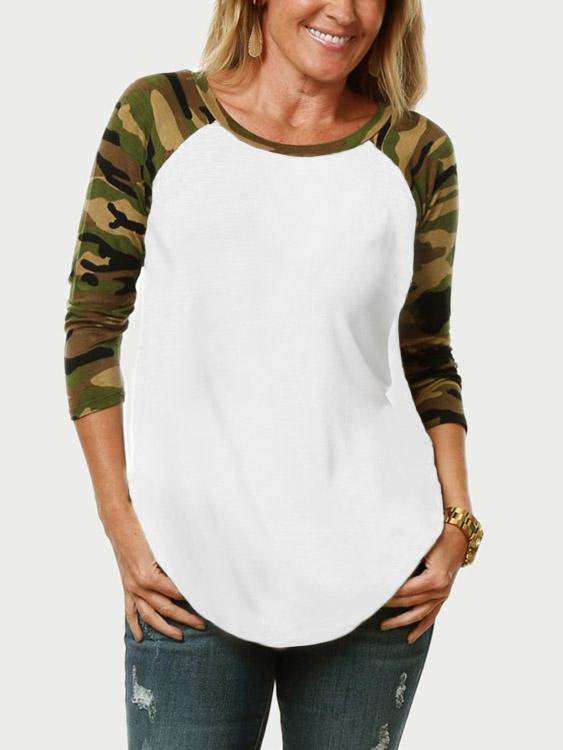 Round Neck Camouflage Long Sleeve White T-Shirts