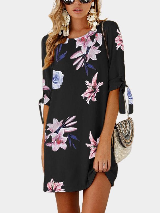Black Round Neck Half Sleeve Floral Print Self-Tie Mini Dresses