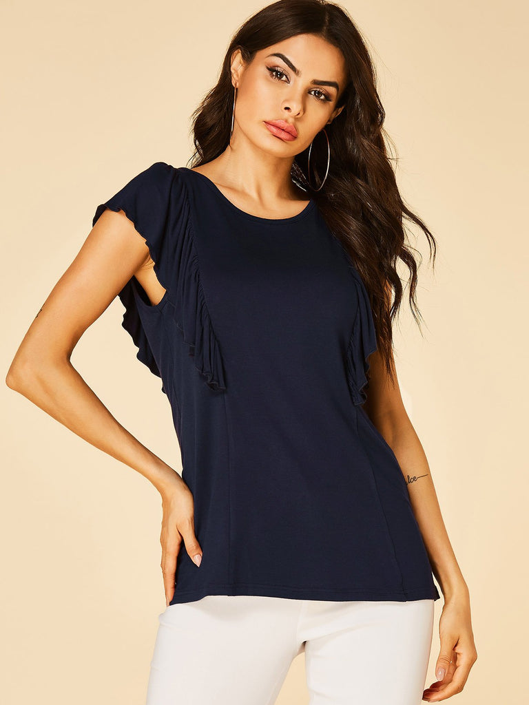 Round Neck Plain Short Sleeve Navy T-Shirts