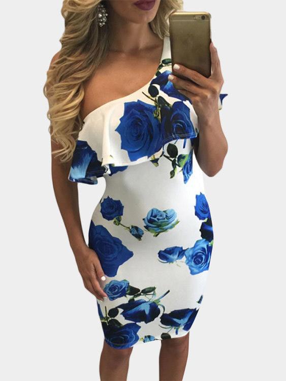 Blue One Shoulder Sleeveless Floral Print Tiered Dresses