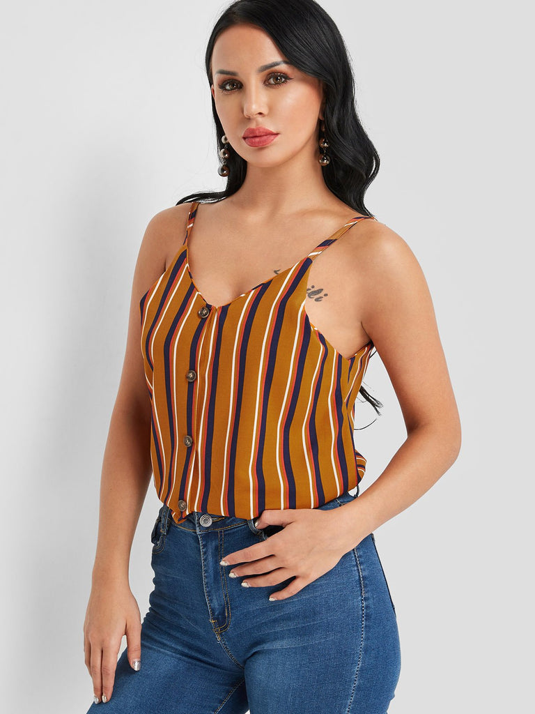 V-Neck Stripe Spaghetti Strap Sleeveless Brown Camis