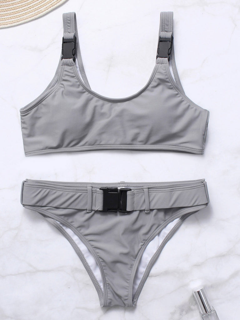 Scoop Neck Sleeveless Plain Bikinis