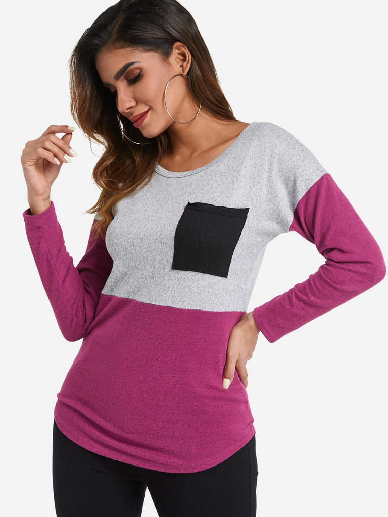 Round Neck Long Sleeve Curved Hem T-Shirts